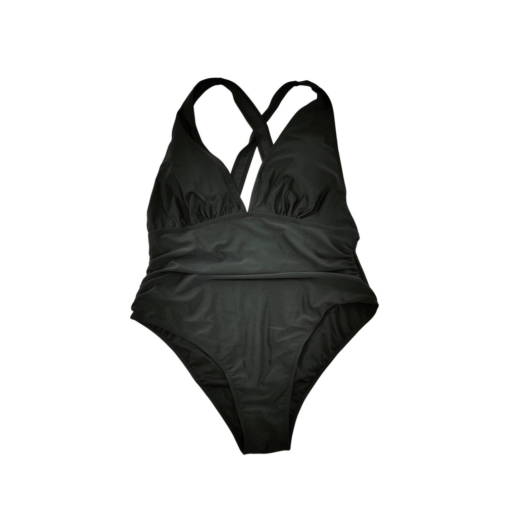 Saukole‎ Womens One Piece Swimsuit 14 Black Polyester Ruched New